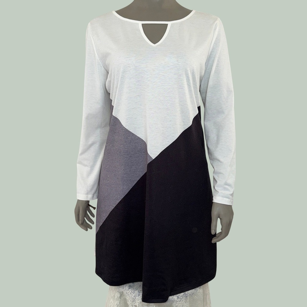 Sheilay Geometric Print Dress Mod 60s Style Long Sleeve Tunic XL Monochrome